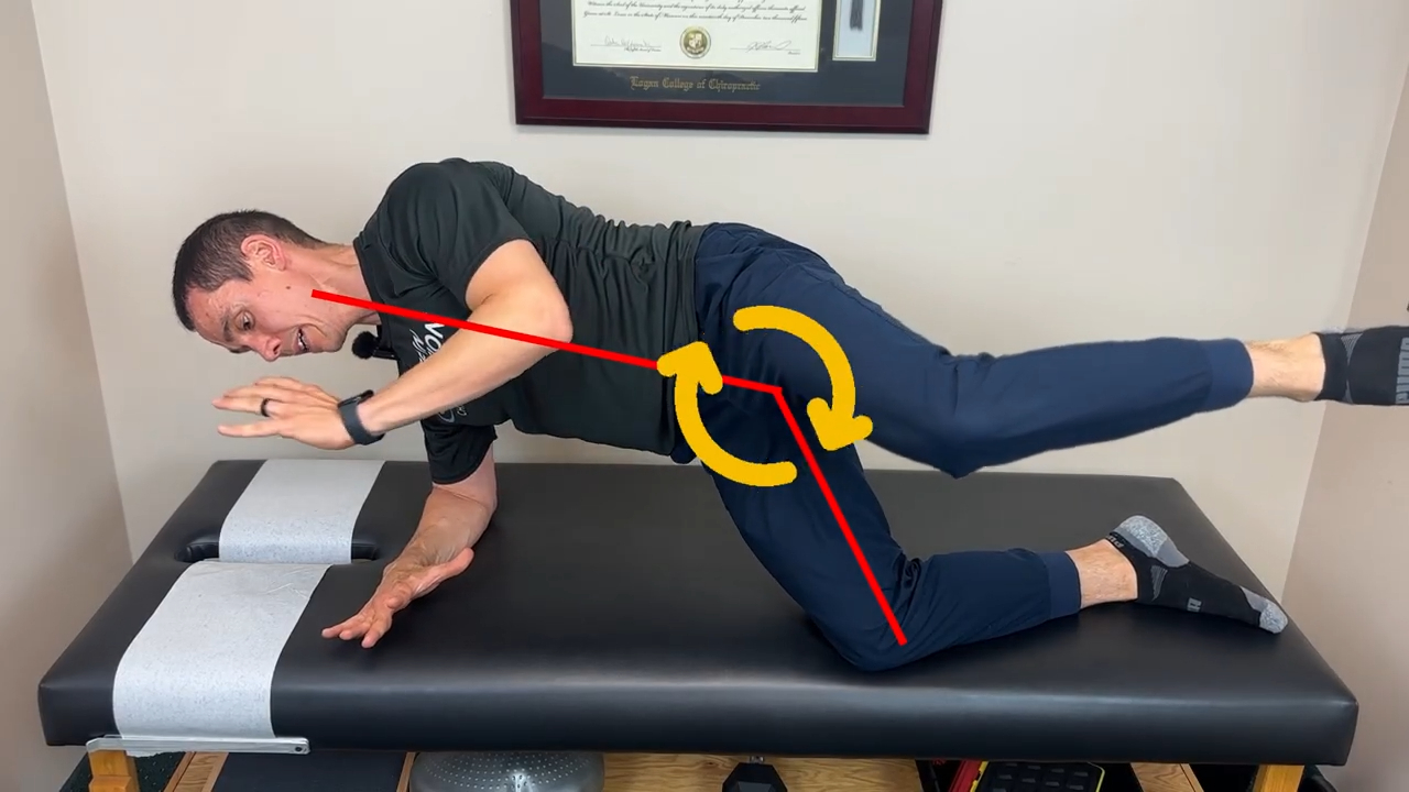 Dr. Dockery demonstrating the Modified Side Bridge with Hip Transition exercise — Life in Motion Chiropractic Livonia MI