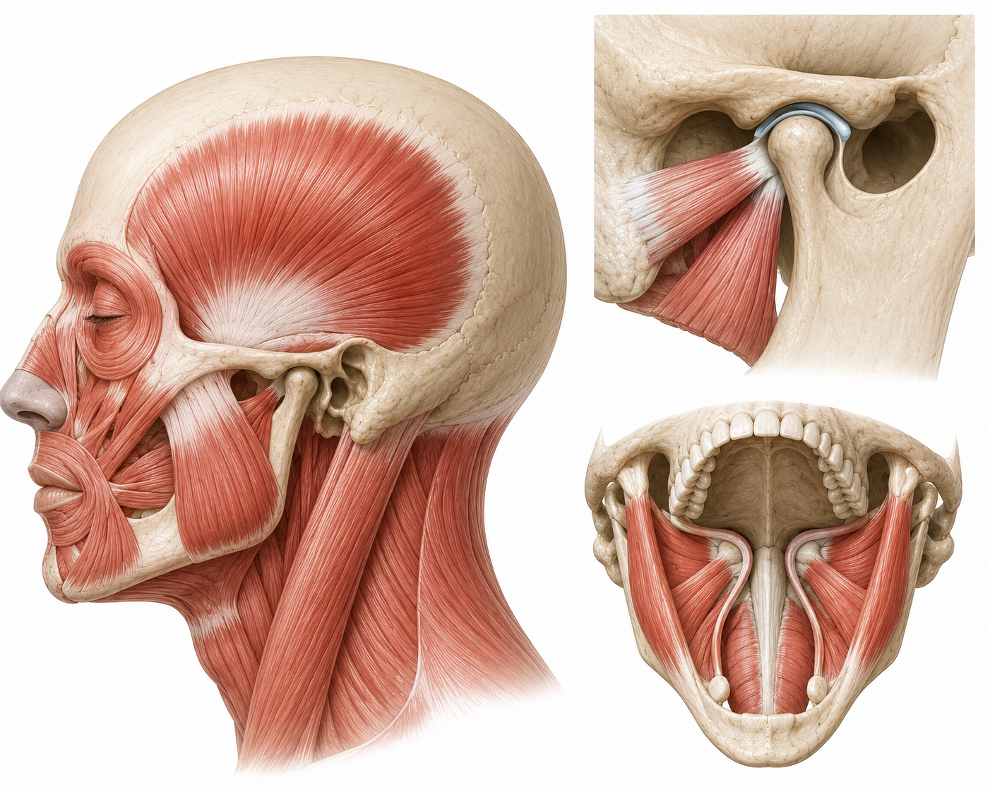 Muscles of the jaw, face and TMJ anatomy — masseter, pterygoids, temporalis — Life in Motion Chiropractic Livonia MI